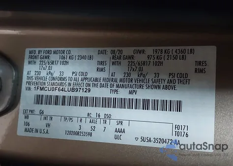 2020 Ford Escape S from USA, damaged, VIN 1FMCU0F64LUB97129